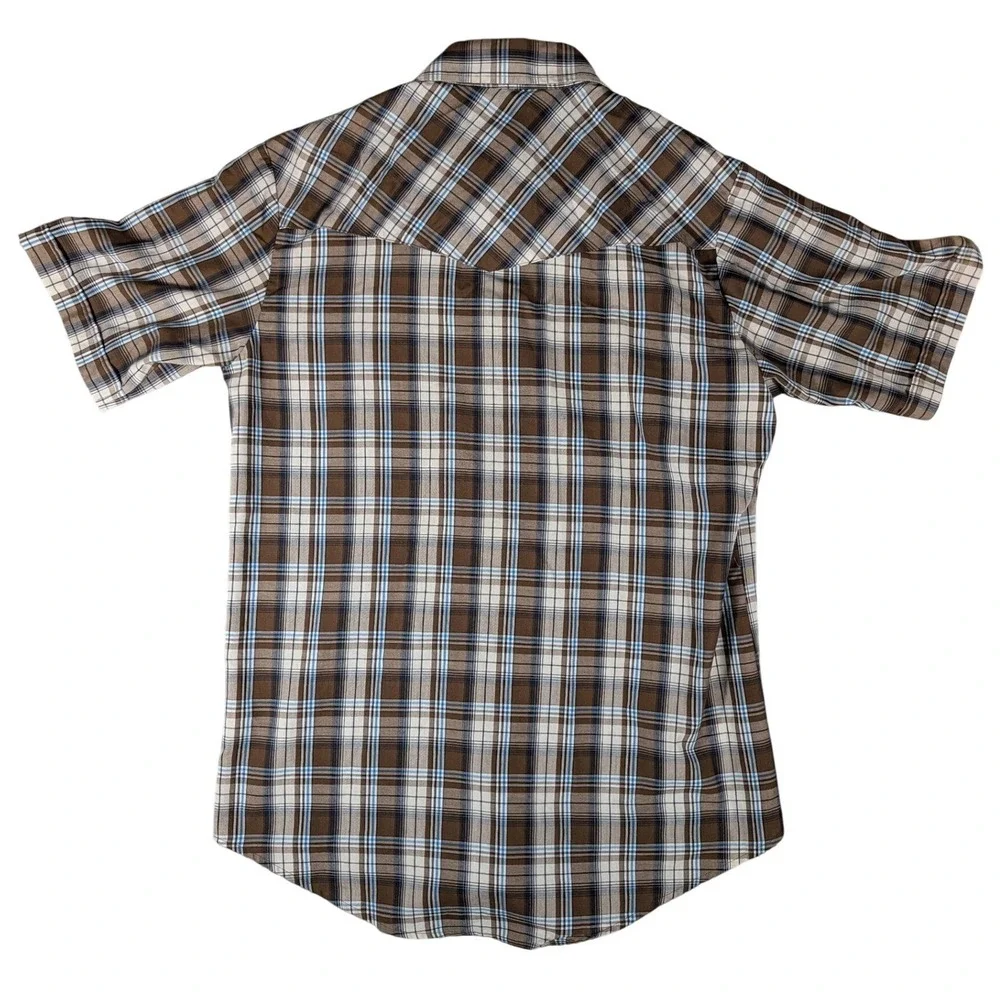 Plains Western Wear Mens Brown Blue Plaid Short Sleeve Pearl Snap Shirt Medium - Picture 8 of 12